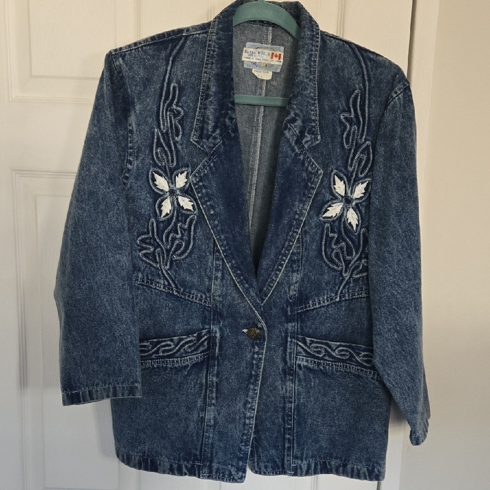 Vintage Acid Wash Denim Blazer with Floral Embroidery SZ L